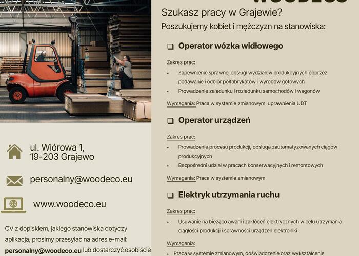 Grajewo ogłoszenia: Producent płyt drewnopochodnych firma Woodeco w Grajewie poszukuje...